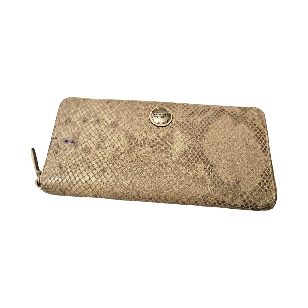 Coach Snakeskin Embossed Leather Zip Around Accordion Wallet Beige Tan